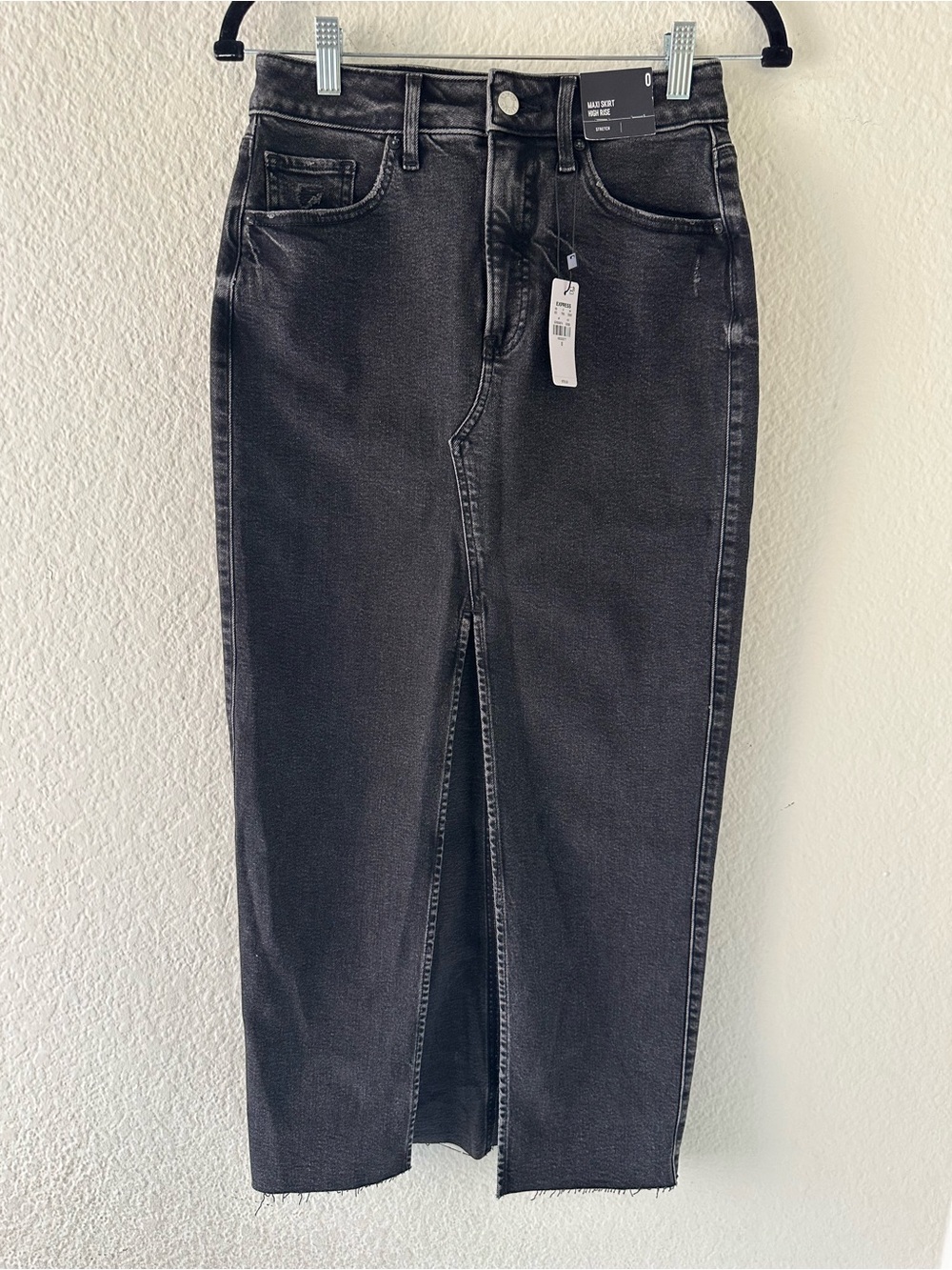 Express Women’s Washed Black High Rise Maxi Denim Skirt with Front Slit